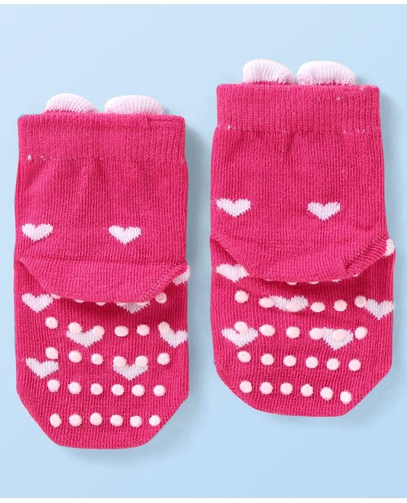 Cutewalk by Babyhug Non Terry Knit Anti-Bacterial Ankle Length Anti-Skid Socks with Bunny Applique - Dark Pink