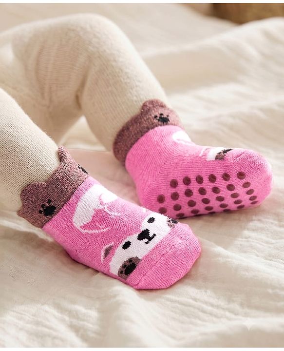 Cutewalk by Babyhug Non Terry Knit Anti-Bacterial Ankle Length Anti-Skid Socks with Animal Applique - Dark Pink