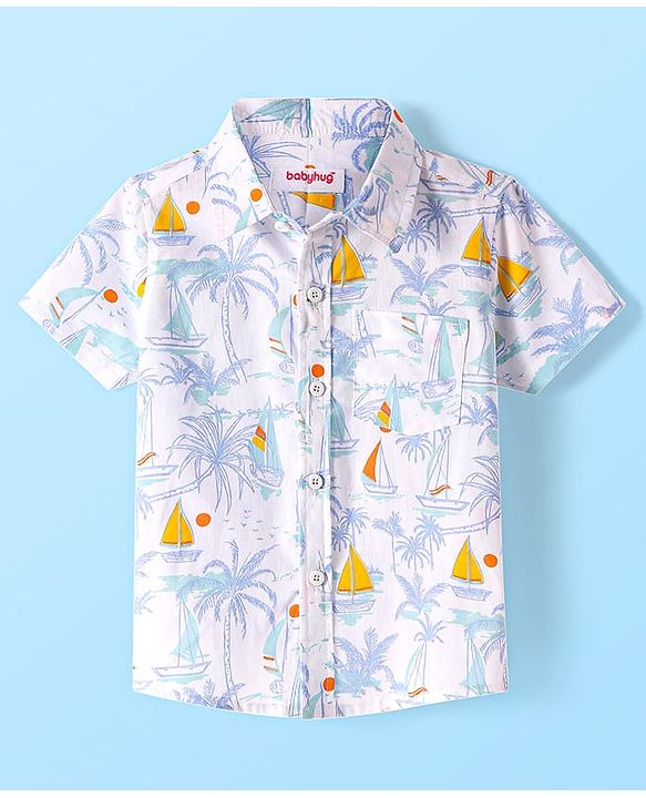 Babyhug Cotton Woven Half Sleeves Shirt with Beach Theme Print - White