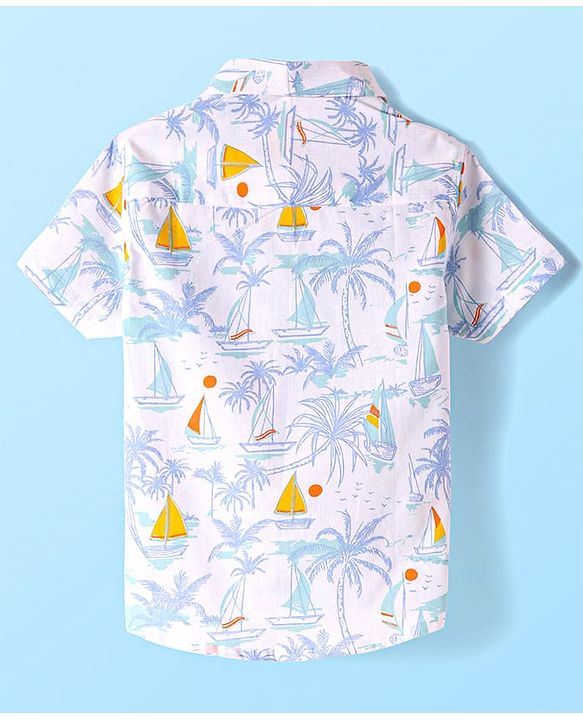 Babyhug Cotton Woven Half Sleeves Shirt with Beach Theme Print - White