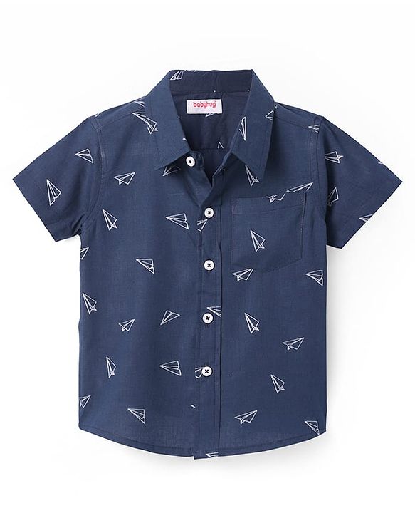 Babyhug 100% Cotton Woven Half Sleeves Shirt with Origami Plane Print - Navy Blue