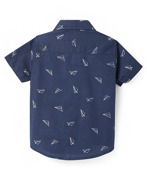 Babyhug 100% Cotton Woven Half Sleeves Shirt with Origami Plane Print - Navy Blue