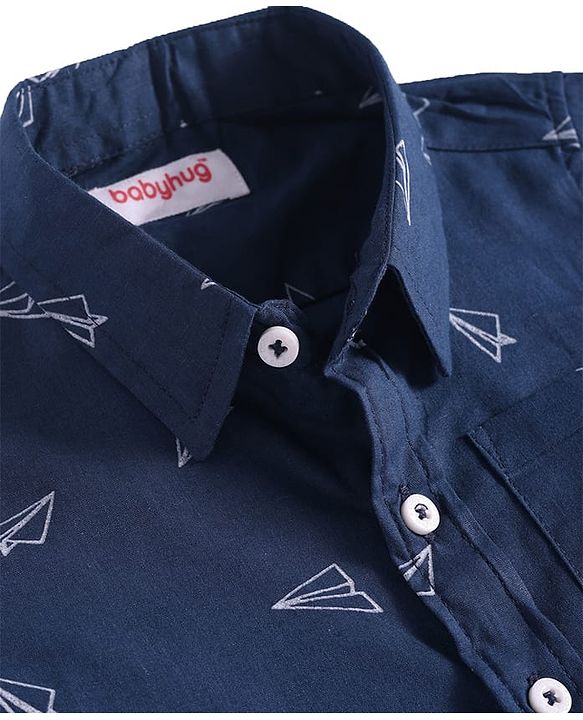 Babyhug 100% Cotton Woven Half Sleeves Shirt with Origami Plane Print - Navy Blue