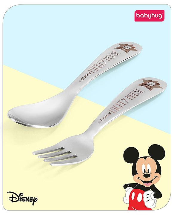 Babyhug Disney Mickey Mouse Stainless Steel Fork & Spoon Set | Easy to Clean & Maintain| Encourage Self Feeding| Laser Print| Dishwasher Safe| Gifting Option - Silver