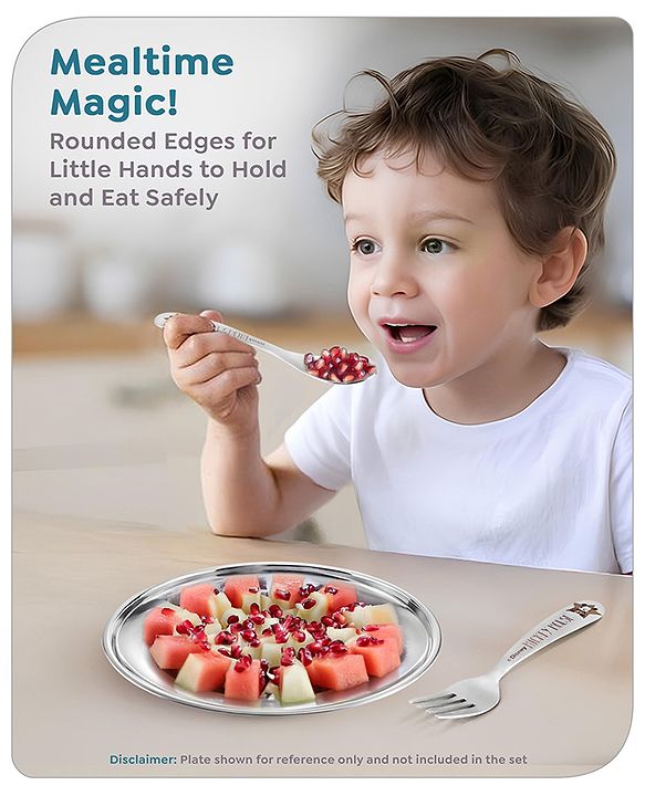 Babyhug Disney Mickey Mouse Stainless Steel Fork & Spoon Set | Easy to Clean & Maintain| Encourage Self Feeding| Laser Print| Dishwasher Safe| Gifting Option - Silver