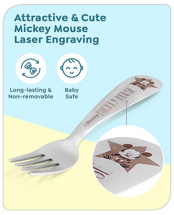 Babyhug Disney Mickey Mouse Stainless Steel Fork & Spoon Set | Easy to Clean & Maintain| Encourage Self Feeding| Laser Print| Dishwasher Safe| Gifting Option - Silver