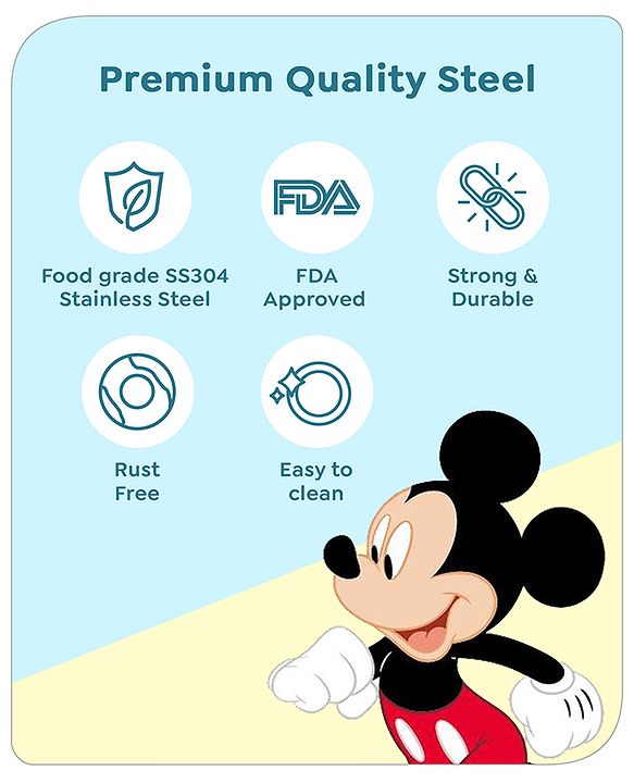 Babyhug Disney Mickey Mouse Stainless Steel Fork & Spoon Set | Easy to Clean & Maintain| Encourage Self Feeding| Laser Print| Dishwasher Safe| Gifting Option - Silver