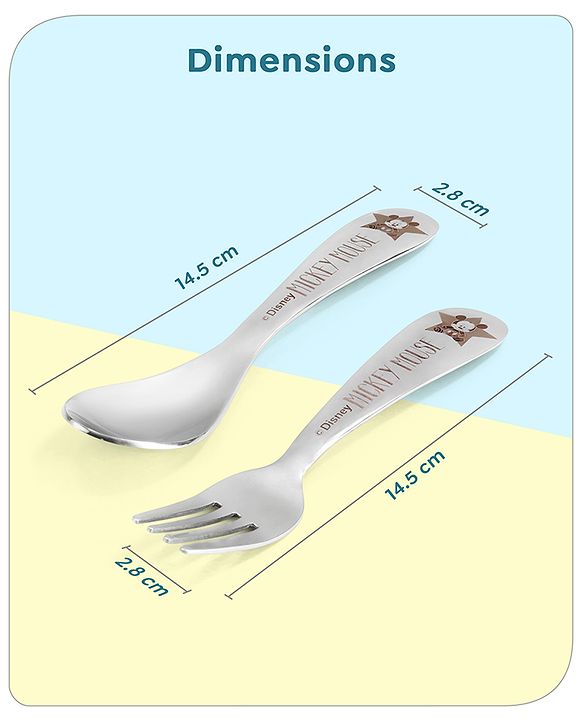 Babyhug Disney Mickey Mouse Stainless Steel Fork & Spoon Set | Easy to Clean & Maintain| Encourage Self Feeding| Laser Print| Dishwasher Safe| Gifting Option - Silver