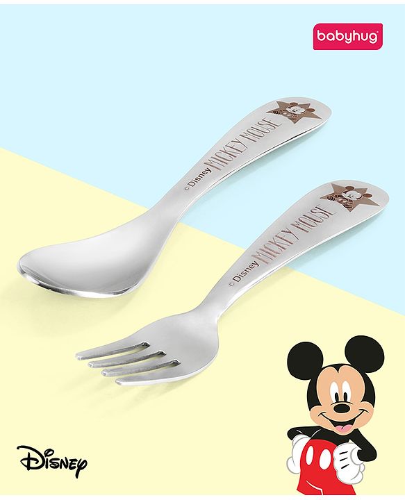 Babyhug Disney Mickey Mouse Stainless Steel Fork & Spoon Set | Easy to Clean & Maintain| Encourage Self Feeding| Laser Print| Dishwasher Safe| Gifting Option - Silver