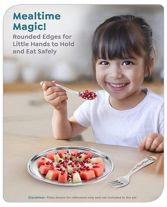 Babyhug Disney Mickey Mouse Stainless Steel Fork & Spoon Set | Easy to Clean & Maintain| Encourage Self Feeding| Laser Print| Dishwasher Safe| Gifting Option - Silver