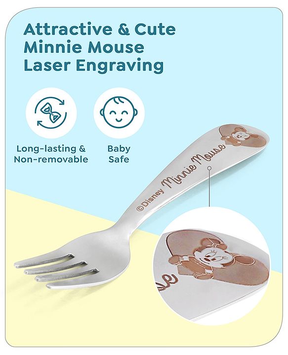 Babyhug Disney Mickey Mouse Stainless Steel Fork & Spoon Set | Easy to Clean & Maintain| Encourage Self Feeding| Laser Print| Dishwasher Safe| Gifting Option - Silver