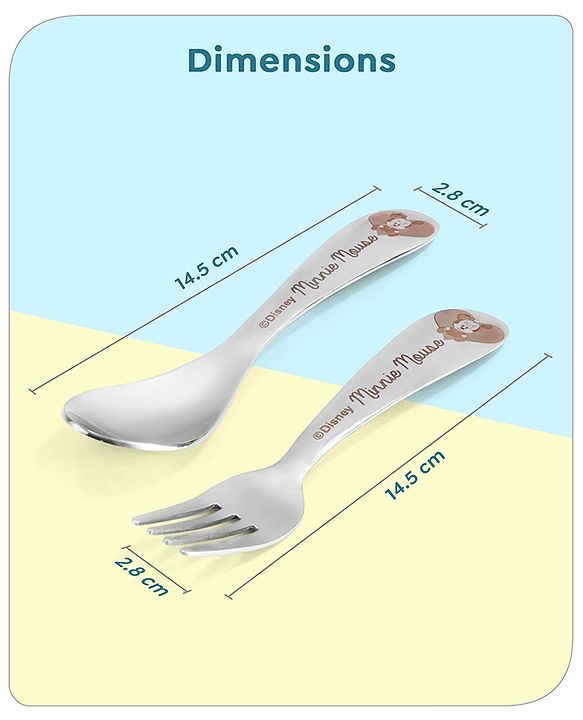 Babyhug Disney Mickey Mouse Stainless Steel Fork & Spoon Set | Easy to Clean & Maintain| Encourage Self Feeding| Laser Print| Dishwasher Safe| Gifting Option - Silver