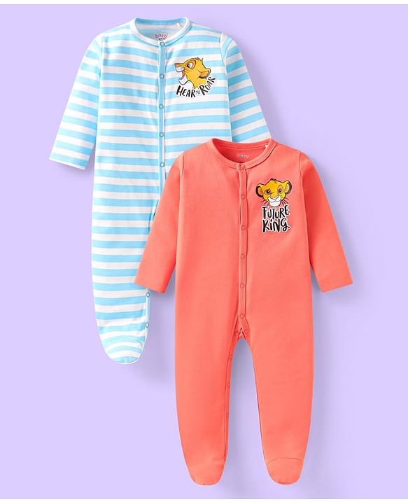 Babyhug Cotton Knit  Full Sleeves Bear Print Footed Sleepsuit - Orange main image 1