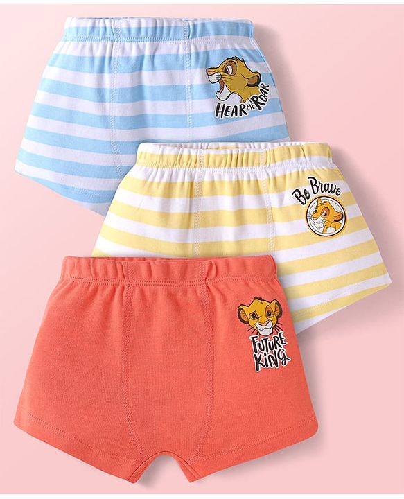 Babyhug Disney Single Jersey Knit Mid Thigh Trunks with Lion King Graphics & Stripes Pack of 3 - Orange Yellow & Blue