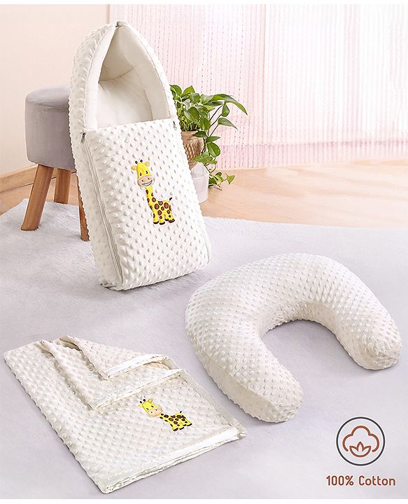 Babyhug Sleeping Bag Feeding Pillow & Blanket Combo Set with Giraffe Embroidery - White