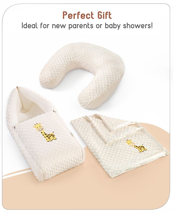 Babyhug Sleeping Bag Feeding Pillow & Blanket Combo Set with Giraffe Embroidery - White