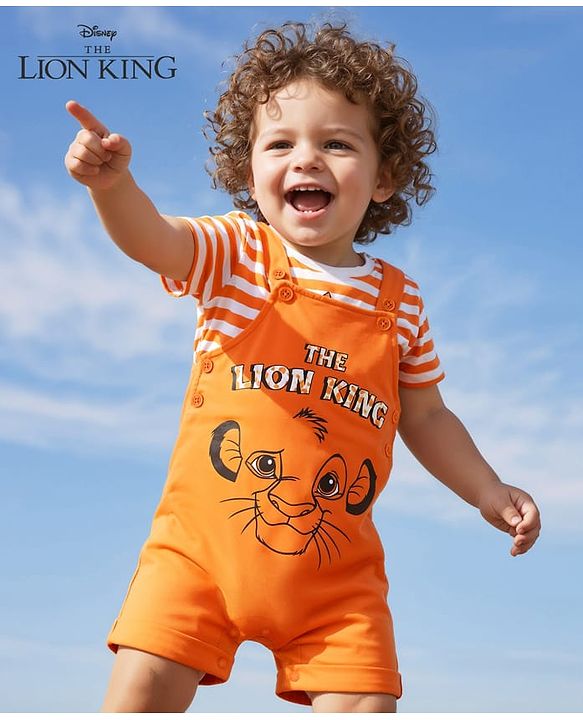 Babyhug Disney Single Jersey Knit Dungaree & Half Sleeves Striped T-Shirt with Lion King Graphic - Orange