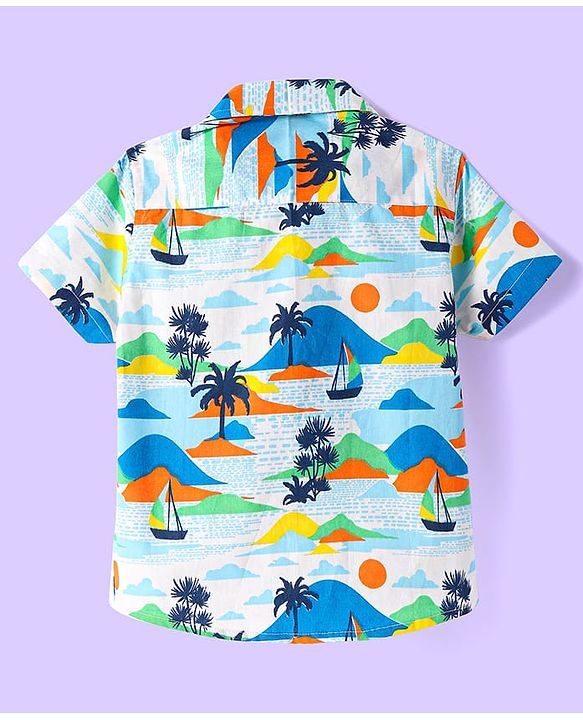 Babyhug Cotton Half Sleeves Shirt with Beach Theme Print- Light Blue & White