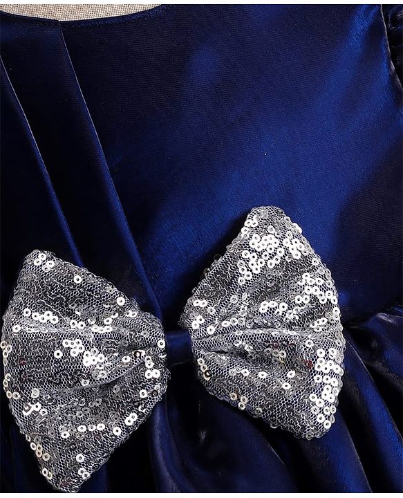 Babyhug Woven Half Puffed Sleeves Fit & Flare Party Frock with Sequin Bow Detailing - Navy Blue