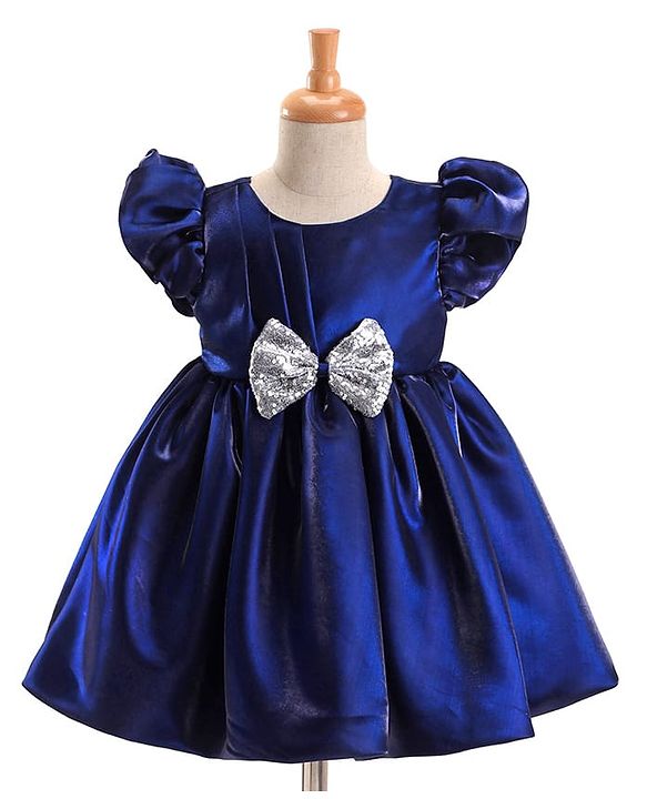 Babyhug Woven Half Puffed Sleeves Fit & Flare Party Frock with Sequin Bow Detailing - Navy Blue