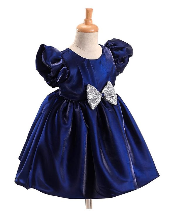 Babyhug Woven Half Puffed Sleeves Fit & Flare Party Frock with Sequin Bow Detailing - Navy Blue