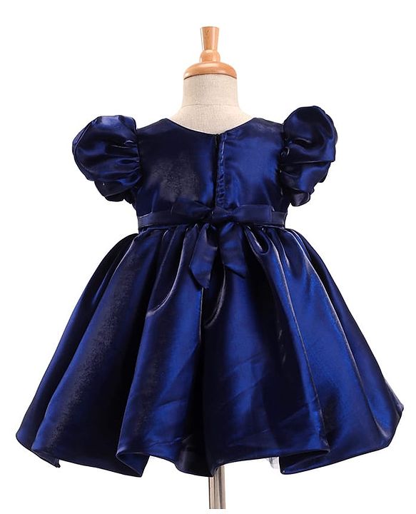 Babyhug Woven Half Puffed Sleeves Fit & Flare Party Frock with Sequin Bow Detailing - Navy Blue