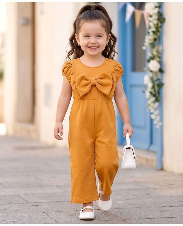 Babyhug Woven Half Puffed Sleeves Party Jumpsuit with Bow Applique - Orange