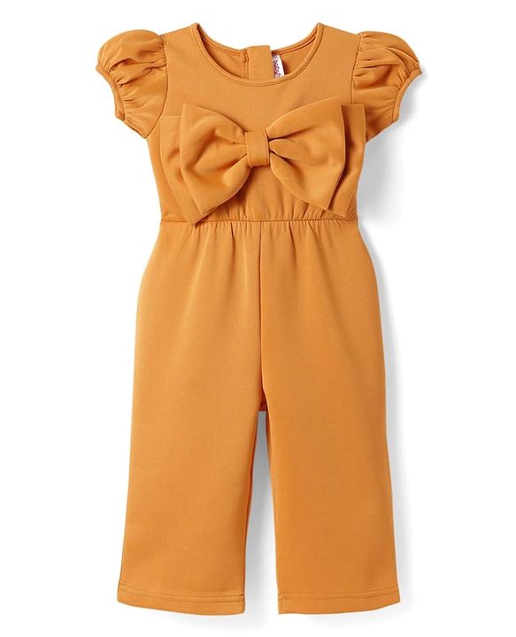 Babyhug Woven Half Puffed Sleeves Party Jumpsuit with Bow Applique - Orange