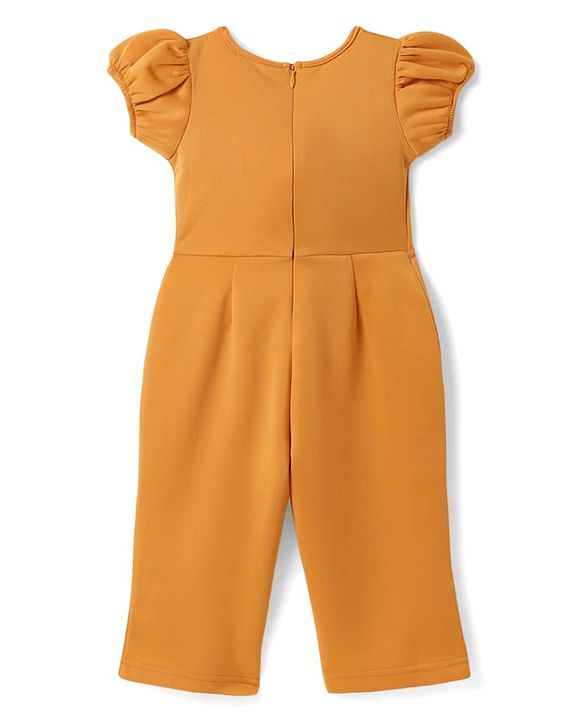 Babyhug Woven Half Puffed Sleeves Party Jumpsuit with Bow Applique - Orange