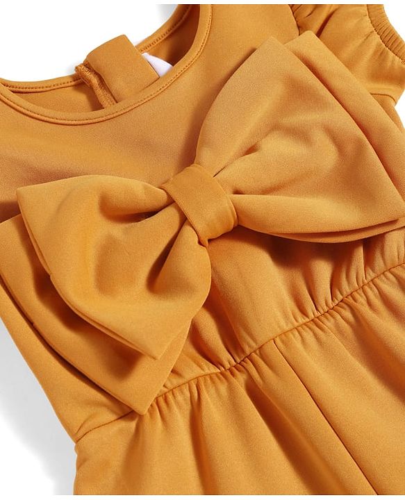 Babyhug Woven Half Puffed Sleeves Party Jumpsuit with Bow Applique - Orange