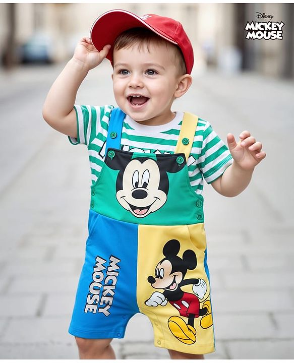 Babyhug Disney Single Jersey Knit Cut & Sew Dungaree & Half Sleeves Striped T-Shirt with Mickey Mouse Graphics - Multicolor