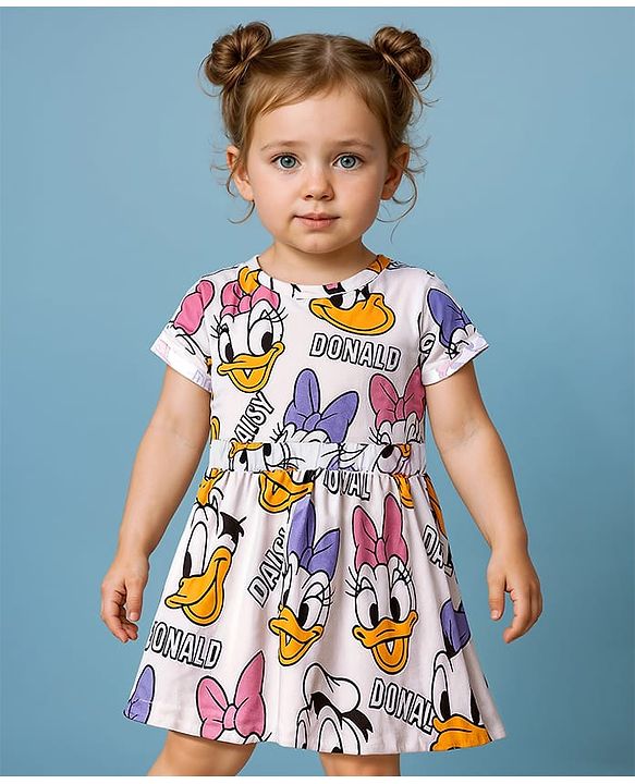Babyhug Disney Single Jersey Knit Half Raglan Sleeves  Frocks With Daisy Duck Print - White