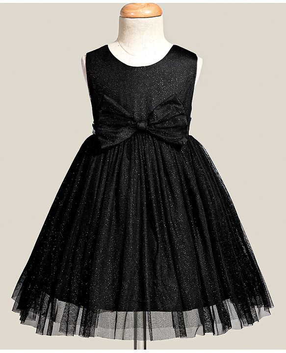 Babyhug Woven Sleeveless Shimmer Party Dress with Bow Applique - Black