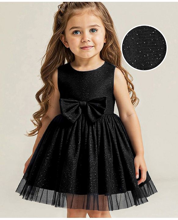 Babyhug Woven Sleeveless Shimmer Party Dress with Bow Applique - Black