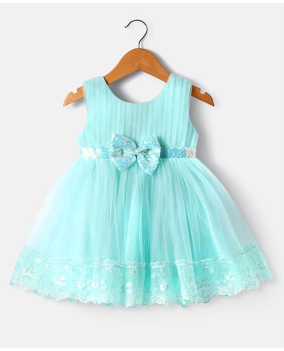 Babyhug Woven Sleeveless Mesh Party Dress With Lace Detailing & Bow Applique - Mint