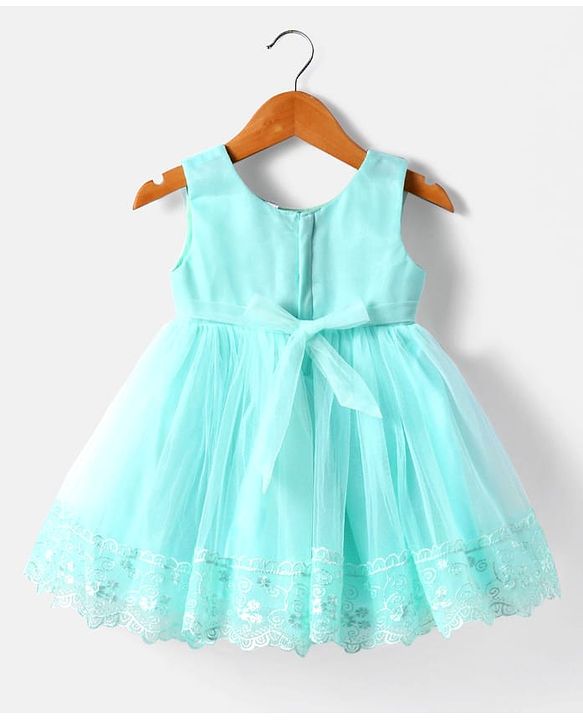 Babyhug Woven Sleeveless Mesh Party Dress With Lace Detailing & Bow Applique - Mint