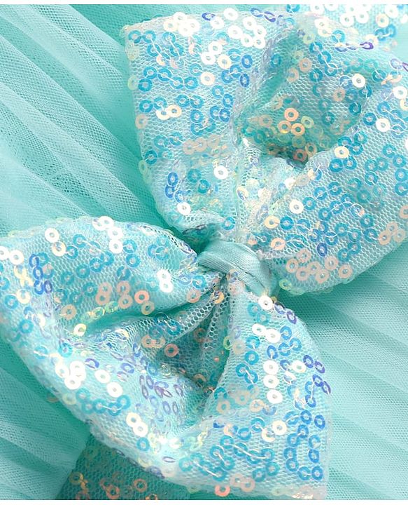 Babyhug Woven Sleeveless Mesh Party Dress With Lace Detailing & Bow Applique - Mint