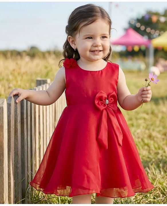 Babyhug Woven Sleeveless Party Dress with Floral & Bow Applique - Red