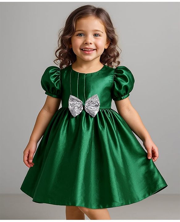 Babyhug Woven Half Puffed Sleeves Party Dress With Bow Applique & Sequin Detailing - Dark Green