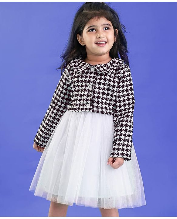 Babyhug Woven Party Dress & Full Sleeves Checks Shrug With Peter Pan Collar & Bow Applique - White & Black