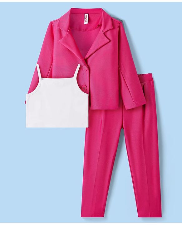 Babyhug Woven Full Sleeves Solid Colour  Blazer with Top & Trouser Set - Pink