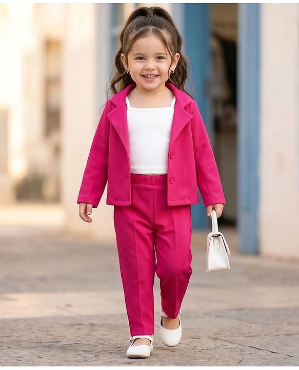 Babyhug Woven Full Sleeves Solid Colour  Blazer with Top & Trouser Set - Pink