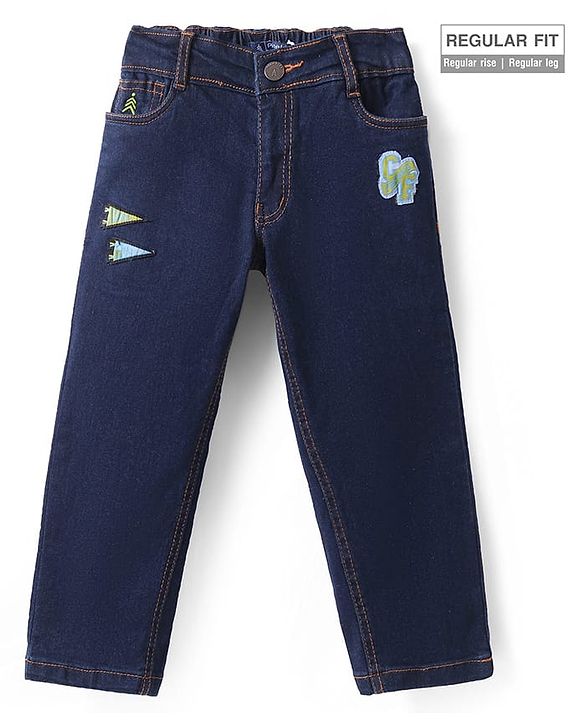 Pine Kids Woven Full Length Washed Denim Jeans With Paper Plane Patch - Navy Blue