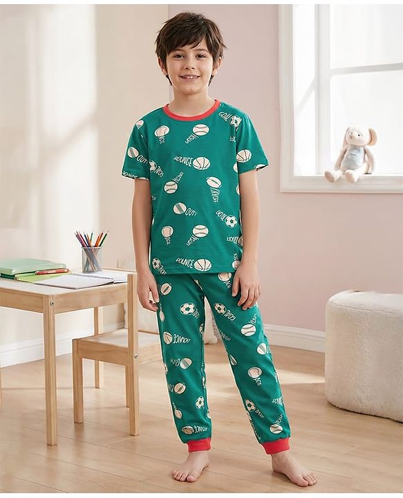 Pine Kids Single Jersey Knit Half Sleeves Sport Graphic Night Suit Set - Dark Green