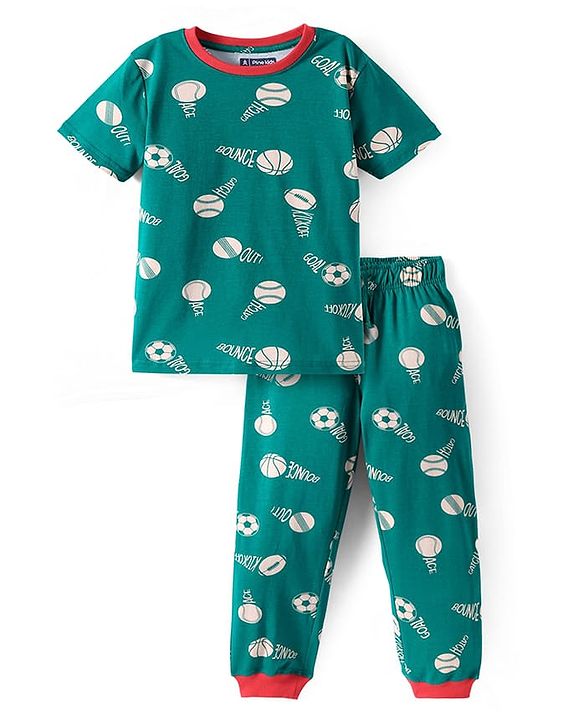 Pine Kids Single Jersey Knit Half Sleeves Sport Graphic Night Suit Set - Dark Green