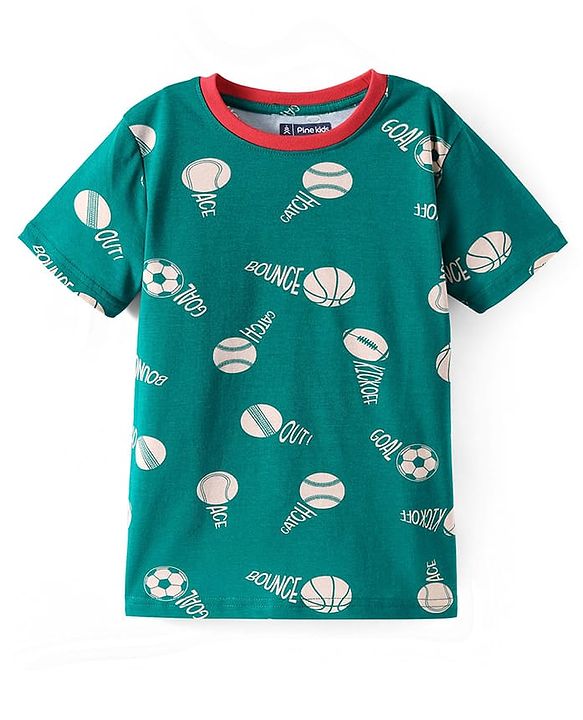 Pine Kids Single Jersey Knit Half Sleeves Sport Graphic Night Suit Set - Dark Green