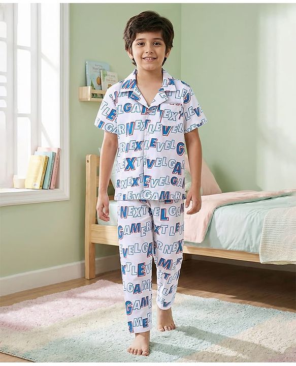 Pine Kids Single Jersey Knit Half Sleeves Night Suit with Text Print - White & Blue