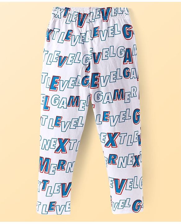 Pine Kids Single Jersey Knit Half Sleeves Night Suit with Text Print - White & Blue