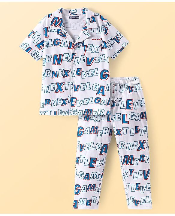 Pine Kids Single Jersey Knit Half Sleeves Night Suit with Text Print - White & Blue