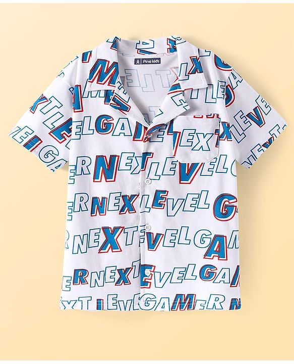 Pine Kids Single Jersey Knit Half Sleeves Night Suit with Text Print - White & Blue